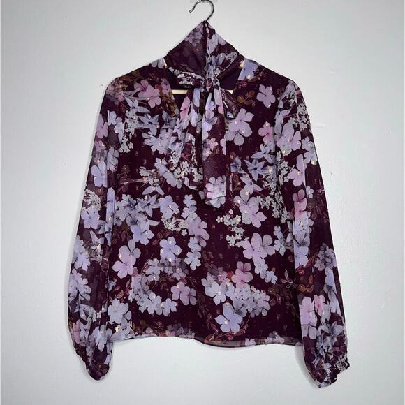 Ted Baker Cyllie Elderflower Tie Neck Blouse Purple Floral Semi Sheer Size 1 - Picture 2 of 7